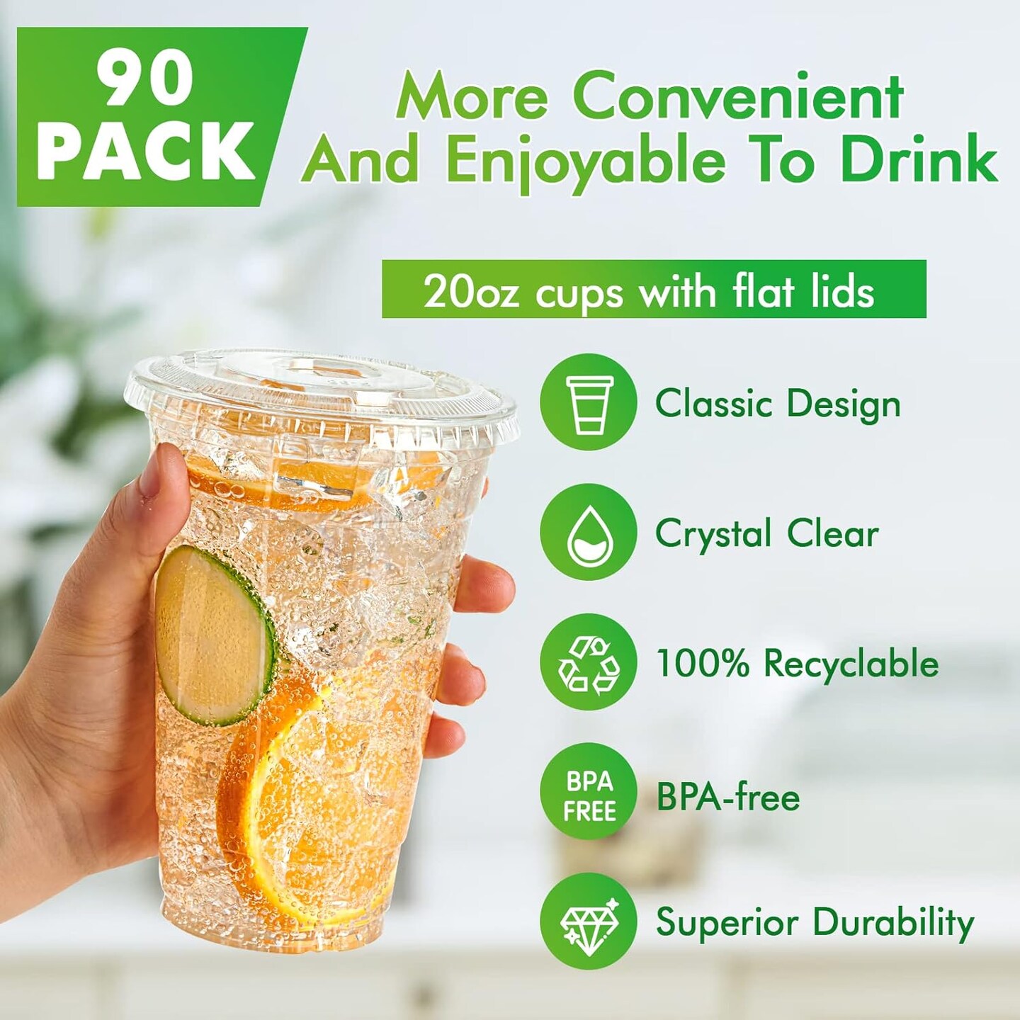 [90 Sets] 20 oz Clear Plastic Cups With Flat Lids, Disposable Drinking Cups, 20 oz Plastic Cups for Ice Coffee, Smoothie, Slurpee, or Any Cold Drinks