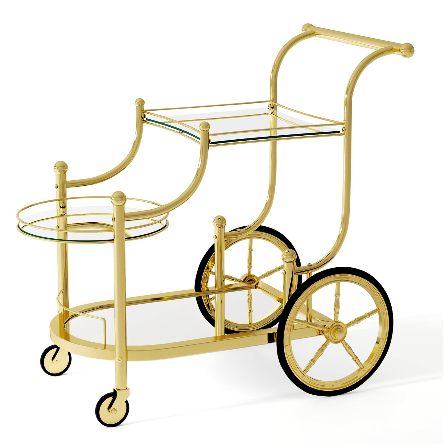 Gold Metal Bar Cart with Mirrored Glass Shelves 3-Tier Rolling Drink Serving Cart with Wheels