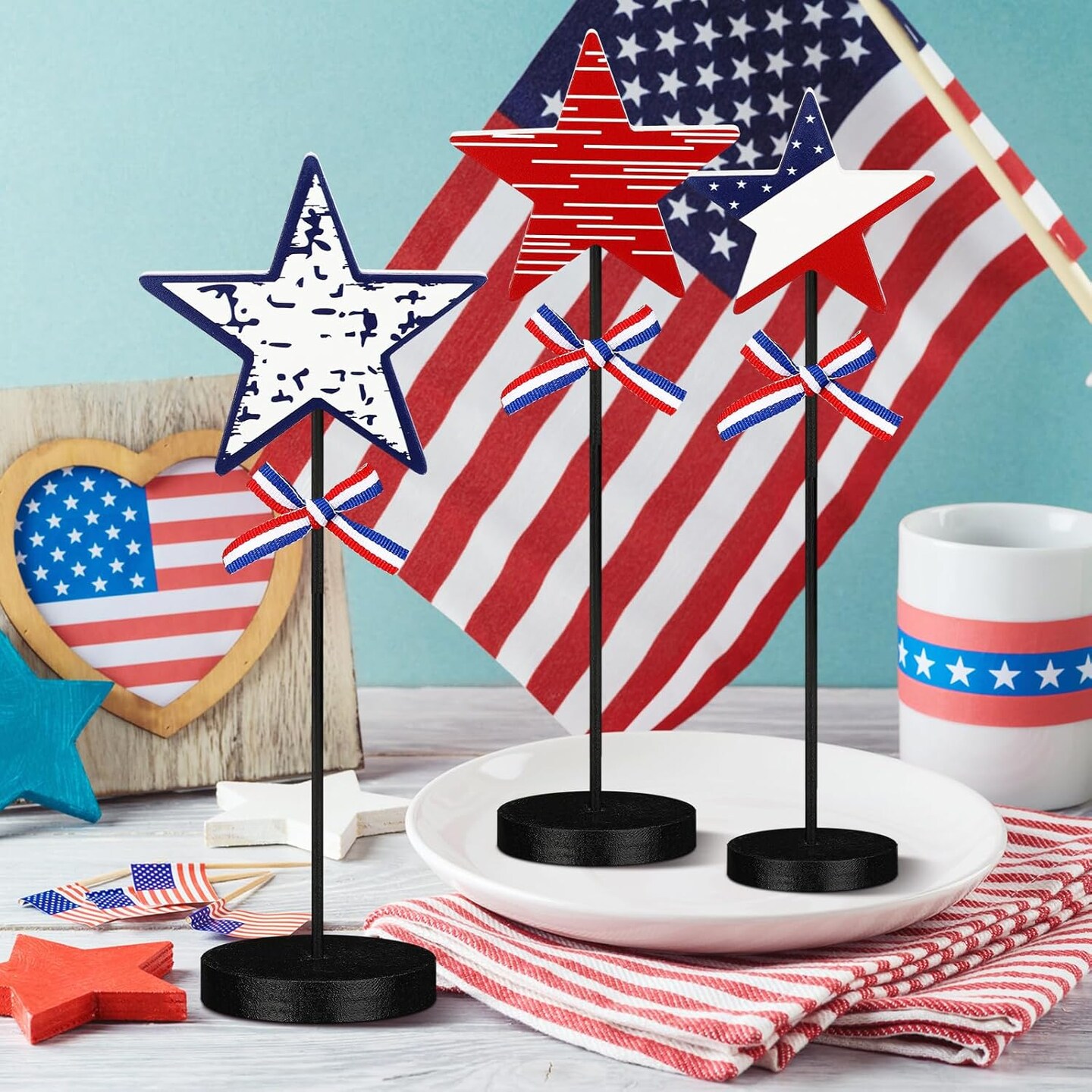 3 Pcs 4th of July Star Table Decor Memorial Day Patriotic Wooden Sign Red White Blue Star Block Tall Standing for Independence Day Table Home Kitchen
