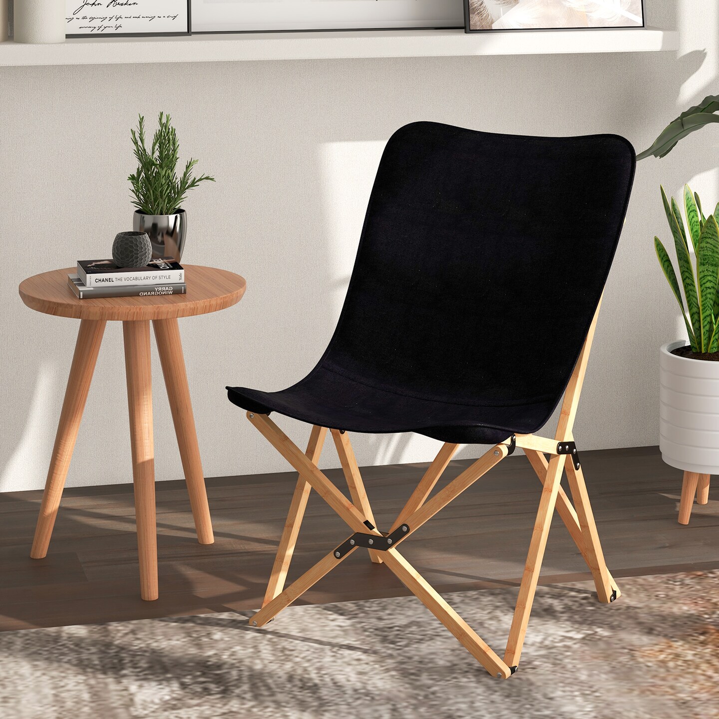 Black Foldable Butterfly Chair with Bamboo Frame & Canvas Seat