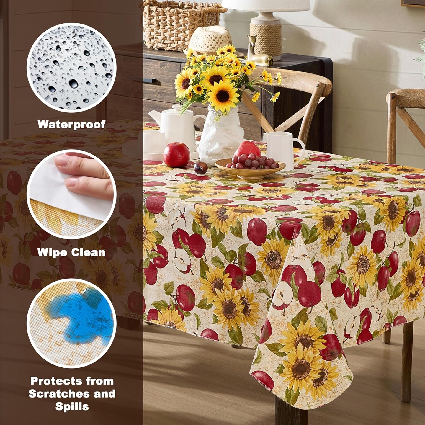 Spring Daybreak Apples 60 x 84 Inch Rectangle Vinyl Tablecloth with Flannel Backing, Indoor Outdoor Waterproof Vinyl Table Cover Holiday Parties and Dining, Red Apples and Sunflowers