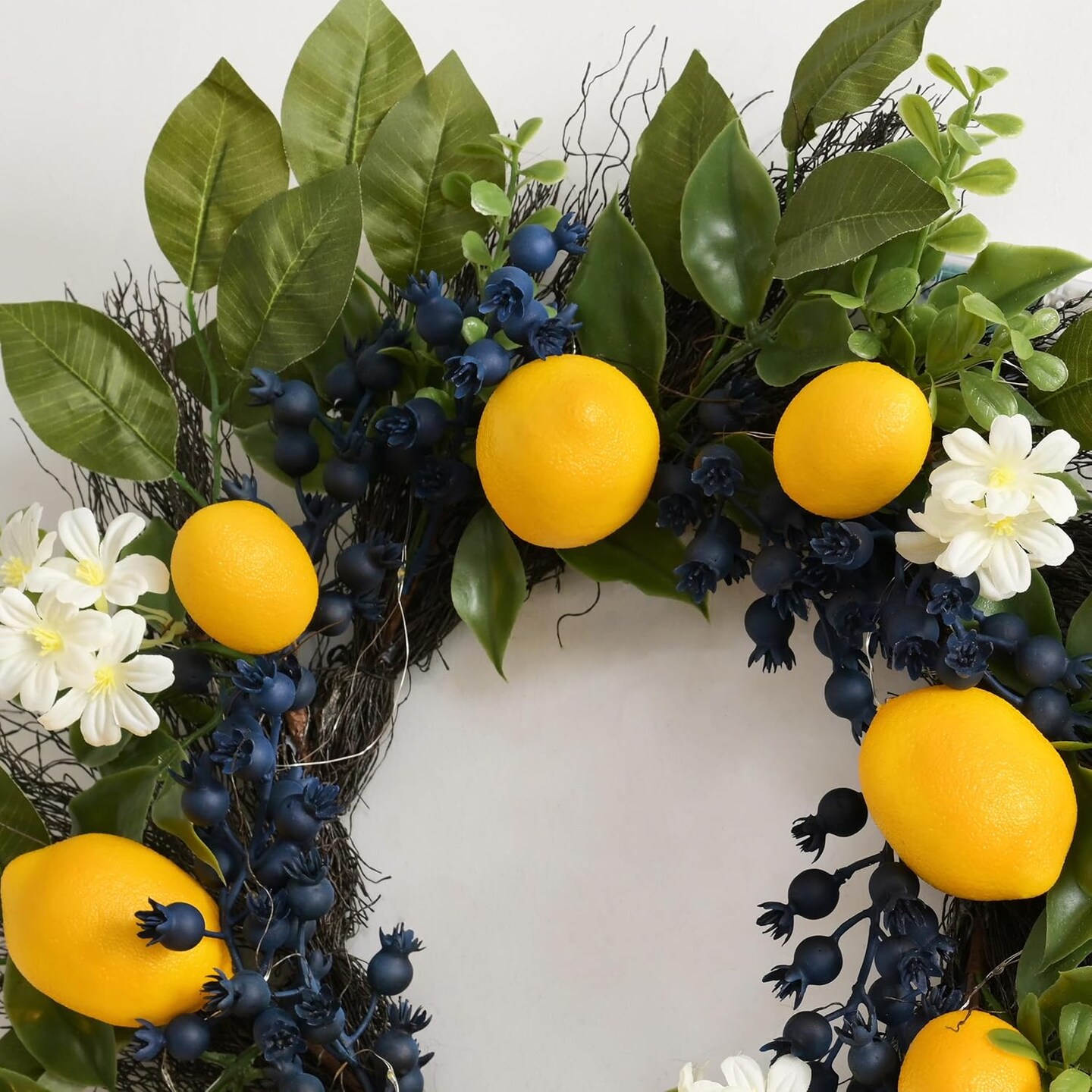 24-Inch Summer Artificial Lemon Wreath with Lights – Front Door or Wall Décor with Eucalyptus Leaves and Blueberries for Farmhouse, Home, Kitchen, and Party Decorations