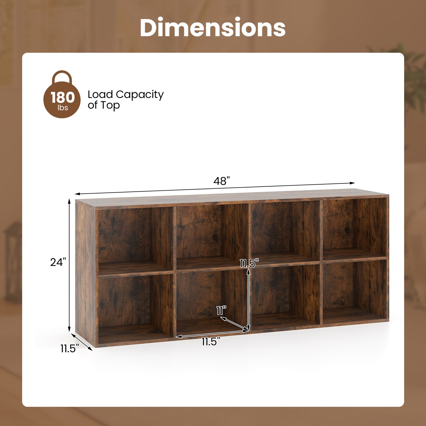 48” Wide Rustic Brown 8-Cube Storage Organizer Shelf for Living Room Bedroom or Office