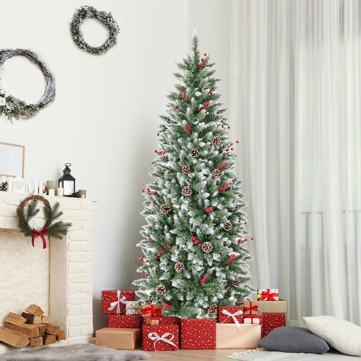 Green Pencil Christmas Tree with Warm White Lights, Snow-Frosted Tips and Metal Base