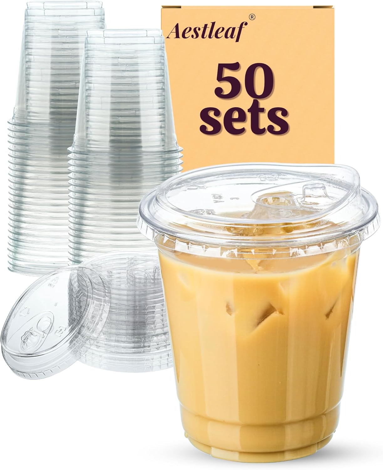 Clear Plastic Cups with Sip-Lids, 12 oz 50 Sets Disposable Coffee Cups Plastic Iced Coffee Cup with Strawless Lids, To Go Coffee Cup for Smoothie, Milkshake, Cold Drinks