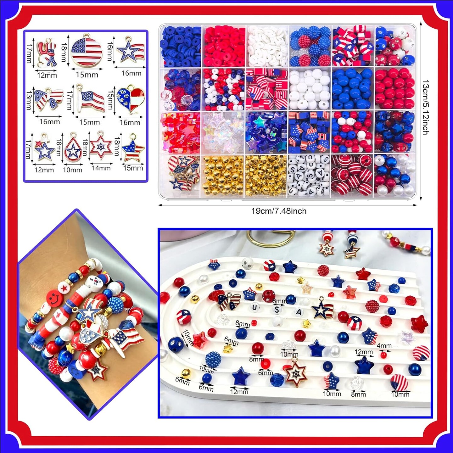 1760Pcs Red White and Blue Beads for Bracelets Kit, 4th of July Bead Patriotic Beads for Jewelry Making America Flag Heishi Clay Beads Star Round Pearl Beads Letter Beads for Earrings DIY Craft