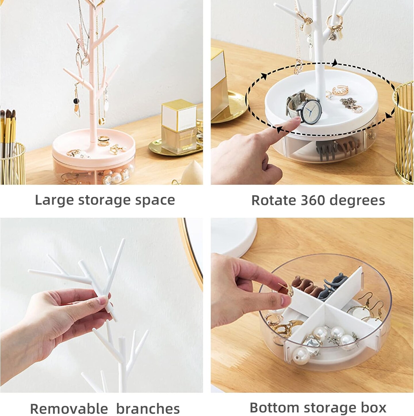 Branch Jewelry Rack With Rotatable Base and Storage Box Tree Tower Rack Hanging Organizer for Ring Earrings Necklace Bracelet
