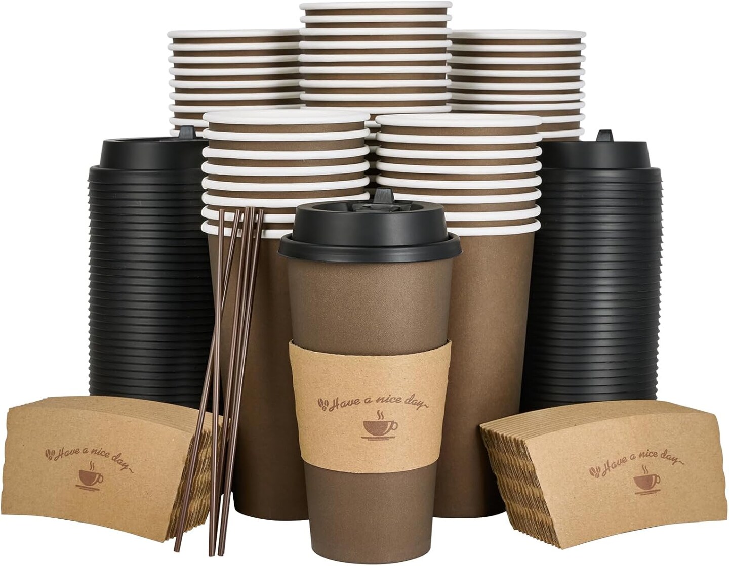 100 Pack 20 oz Paper Coffee Cups, Brown Disposable Coffee Cups with Lids, Sleeves, Sticks, Drinking Cups for Hot Coffee, Water or Juice, Hot Paper Cups for Home, Restaurant, and Store