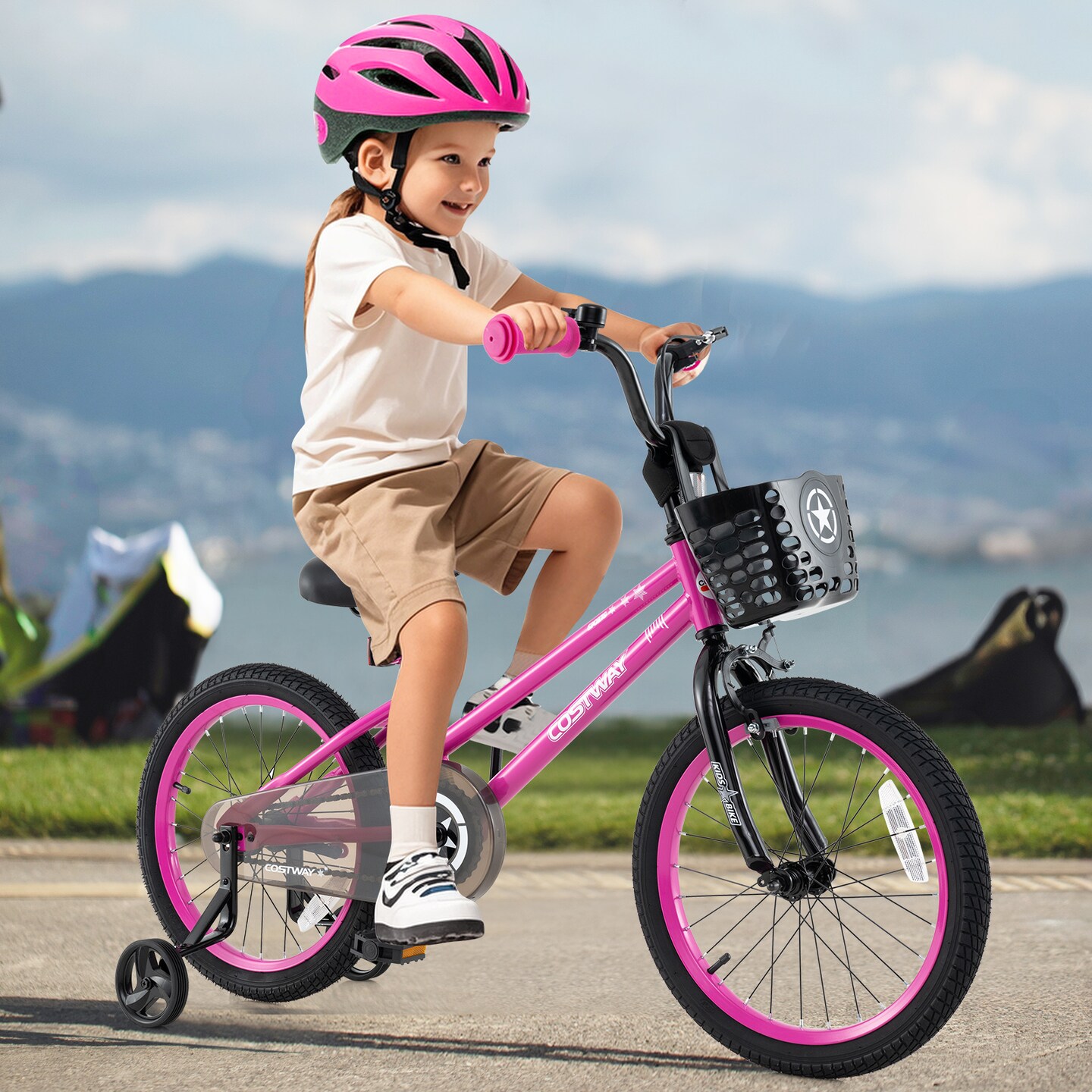 Adjustable Kids Bicycle with Hand Coaster Brake and Basket Training Wheels Perfect Gift for Girl or Boy