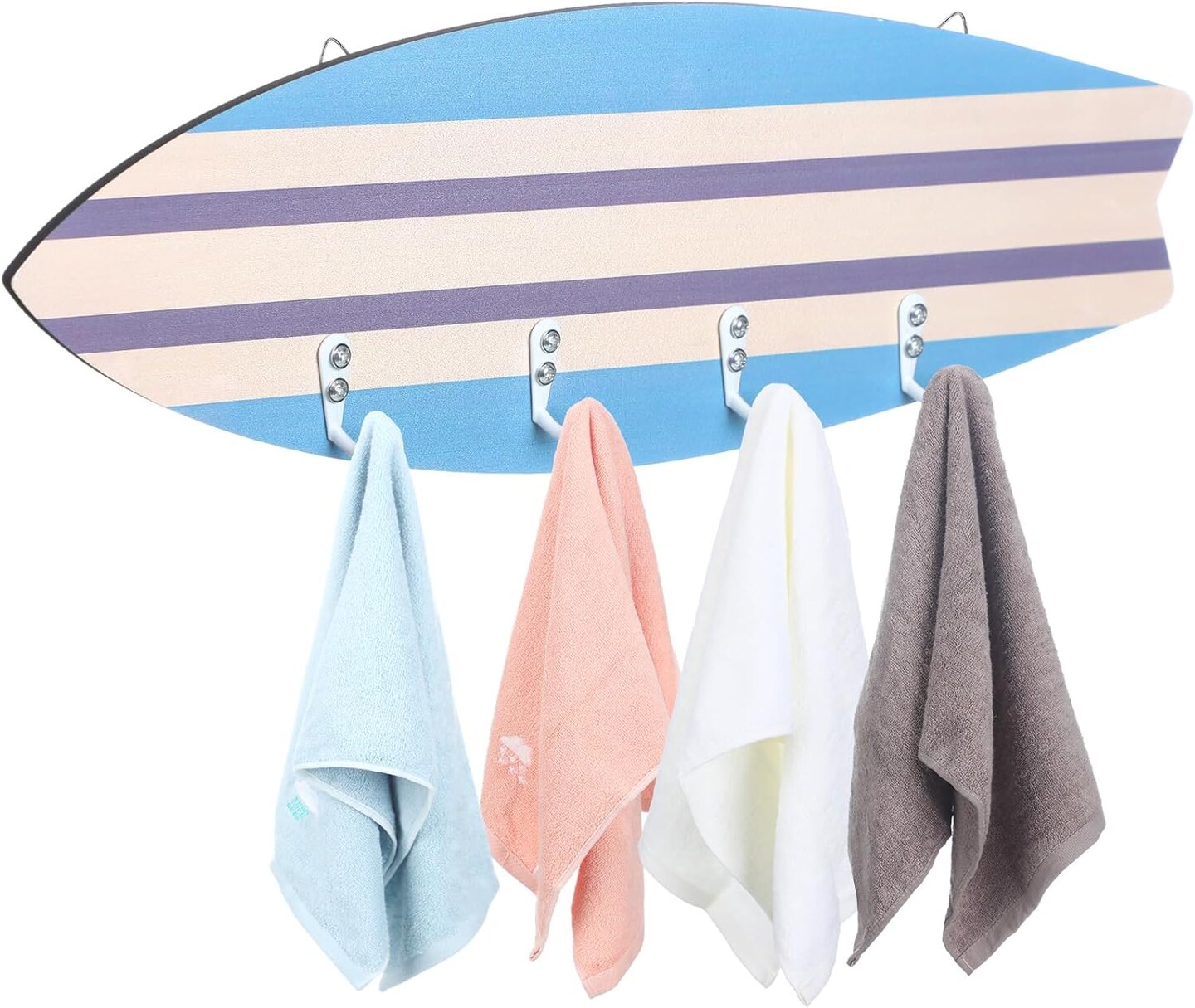 Surfboard Wall Hooks Surfboard Pool Towel Hooks Wooden Ornament Hooks with 4 Hooks Surfing Decorative Towel Hooks Rack Hangers for Beach Area Outdoor Swimming Pool Bathroom Bedroom Decoration