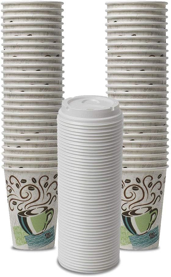 Coffee Design Insulated Paper Cup, 12oz Cups and Lids Bundle (12 oz, 50 Cups, 50 Lids)
