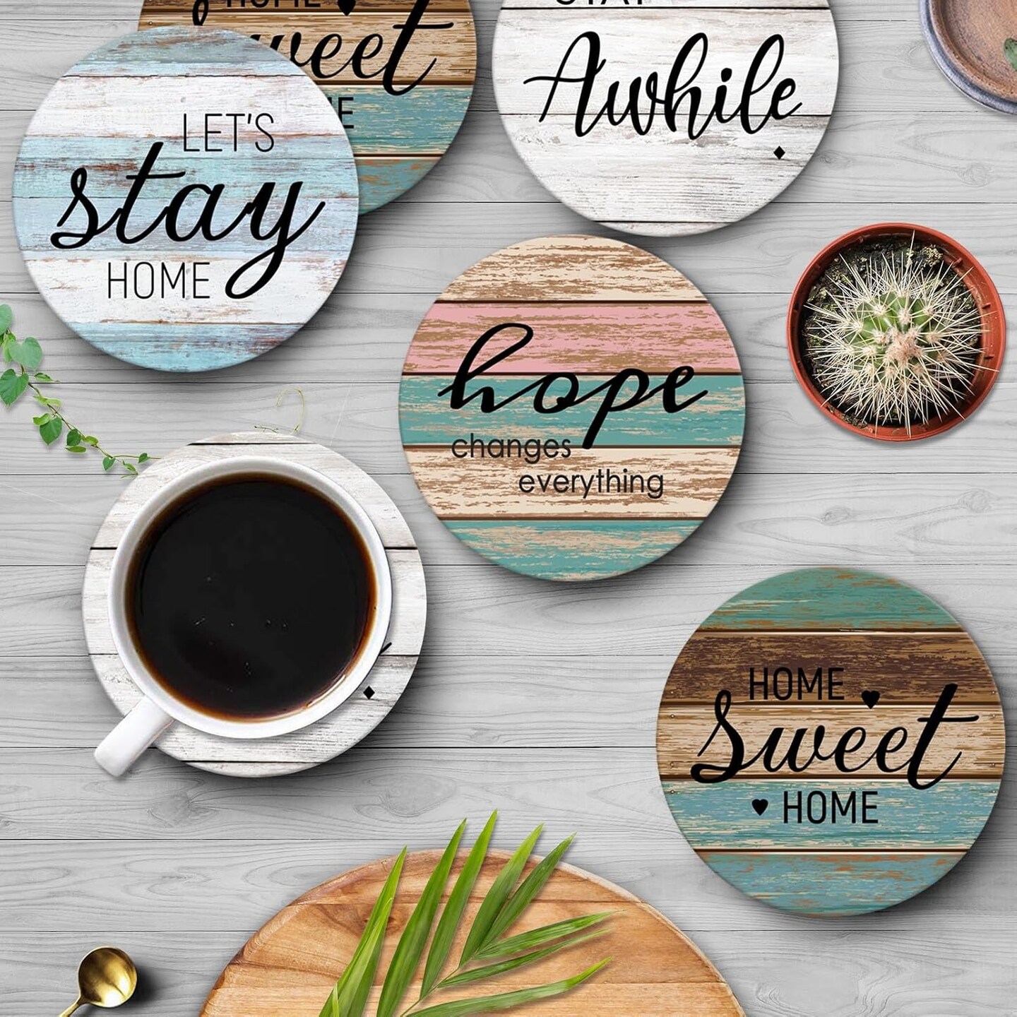 Coaster for Drinks Set of 6, Wooden Planks Wood Paint Table Absorbent Round Ceramic Stone Mat, with Cork Base and Metal Holder, Gift for Housewarming Room Bar Decor