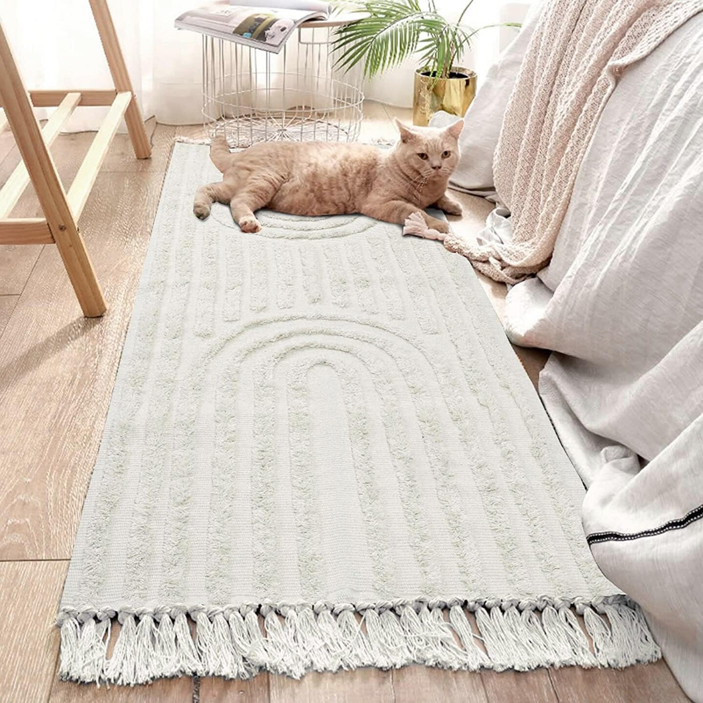 Boho Runner Rug Washable 2&#x27;x5&#x27; Woven Beige Cotton