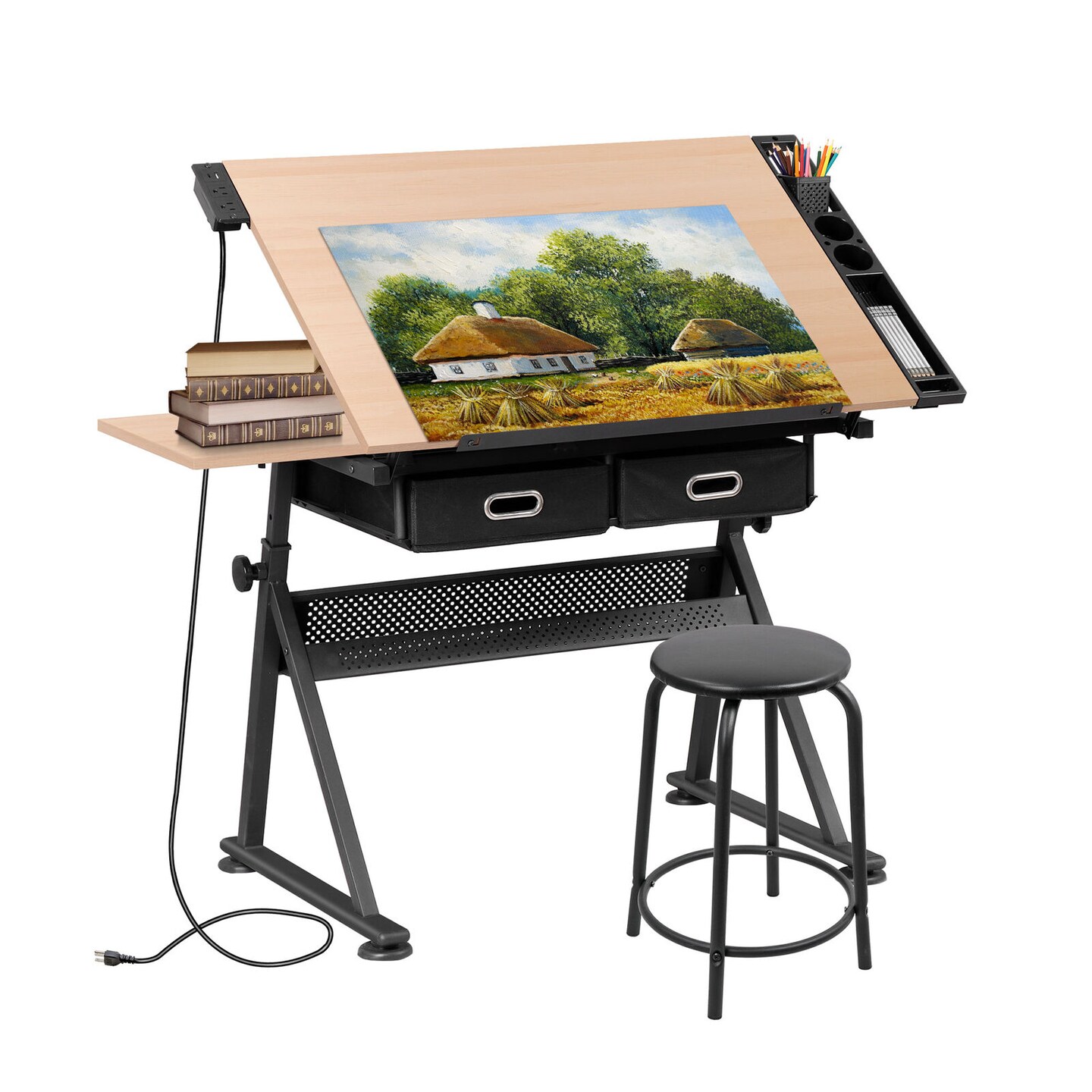 Adjustable Drafting Table with Stool & Power Outlet – Drawing Desk Workstation