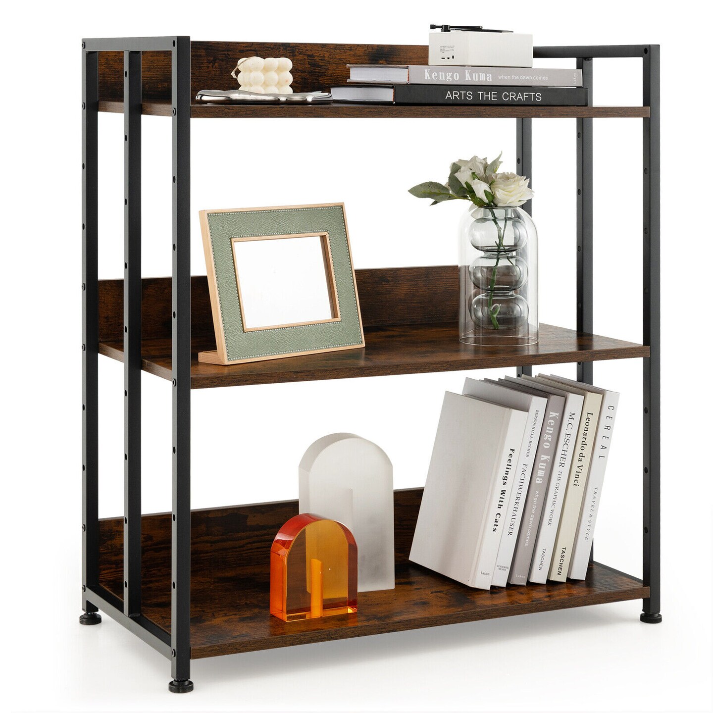 Rustic Brown 3-Tier Industrial Bookshelf with Metal Frame and Adjustable Shelves for Home