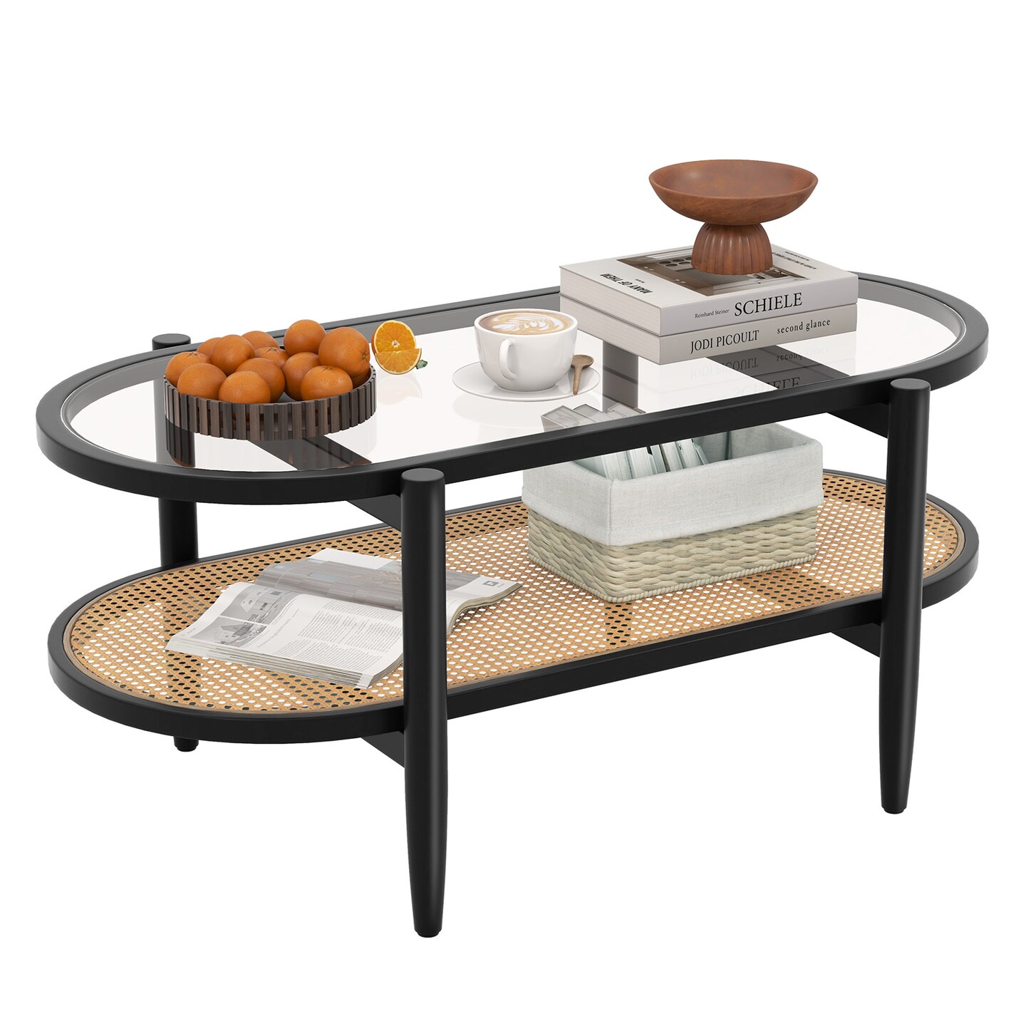 Modern Coffee Table with Glass Top and Solid Acacia Wood 2 Tier Design