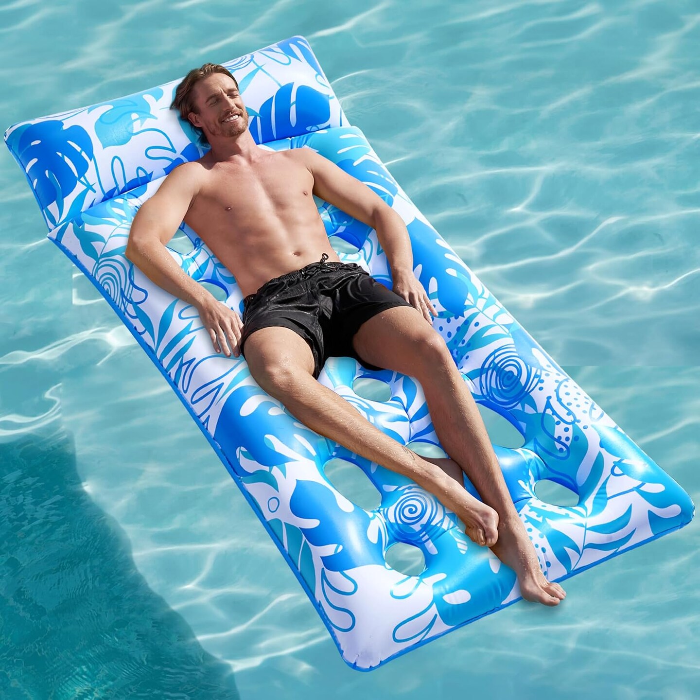 Inflatable Pool Floats Adults - Large Pool Float Tanning Raft with Headrest, Keep Cool Above Water Swimming Pool Floaties Beach Lake Party Supplies