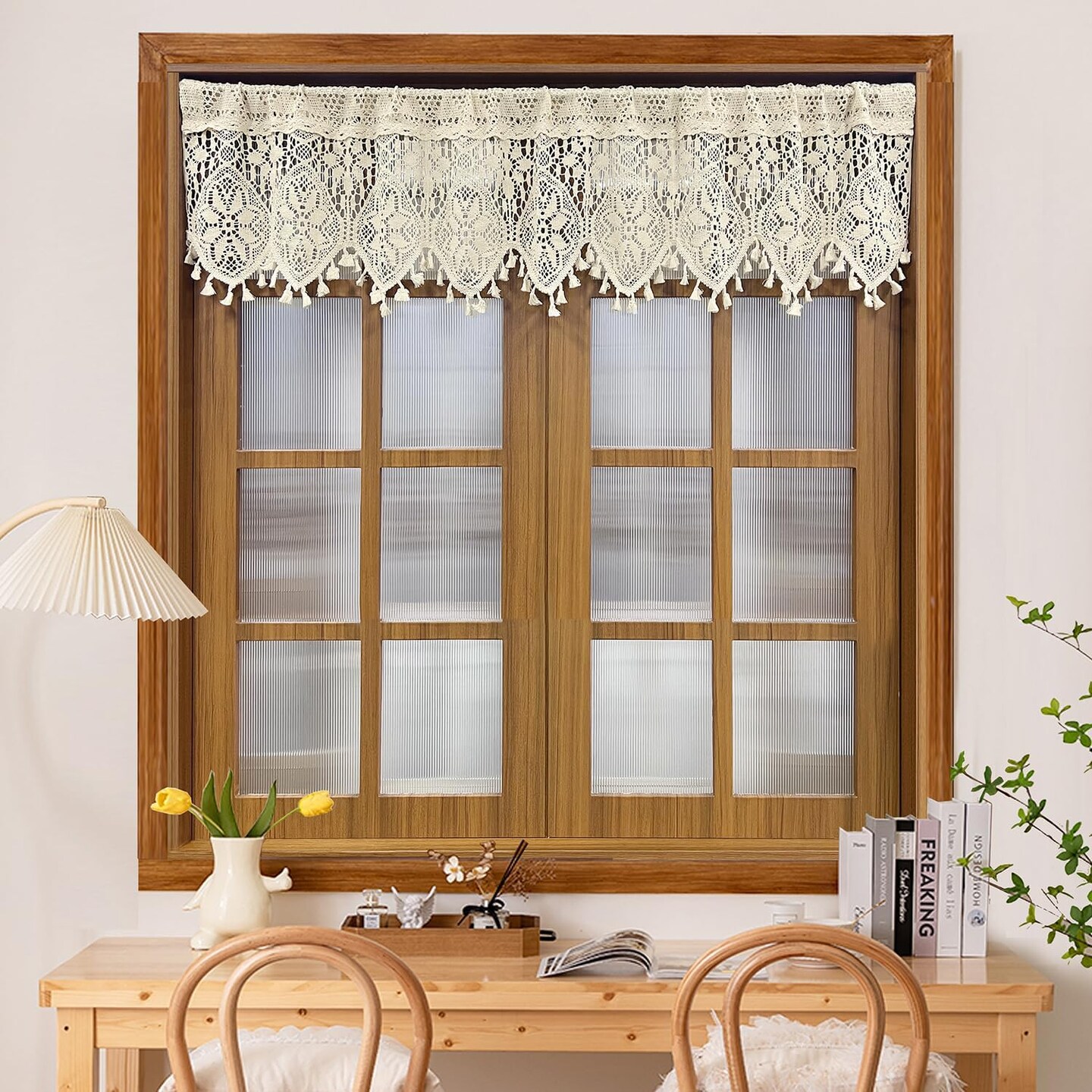 Boho Crochet Lace Sheer Curtain Valance 47"W x 15"L (Pack of 1) (Beige)
