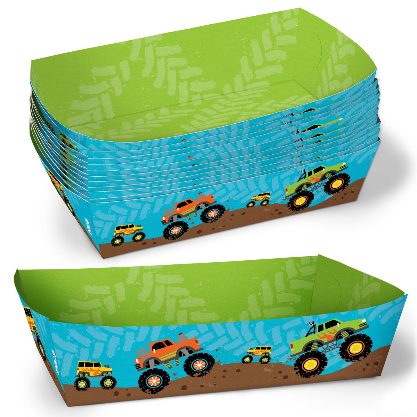 Big Dot of Happiness Monster Truck Paper Food Trays, Disposable Food Boats, Smash and Crash Birthday Supplies, Double-Sided Paper Meal Holders - 12 Ct
