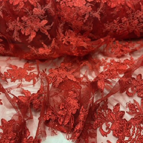 1 Yard Red Sequin Embroidery Cord Lace Fabric, Mesh Polyester for Evening Gowns Overlays 54" Width