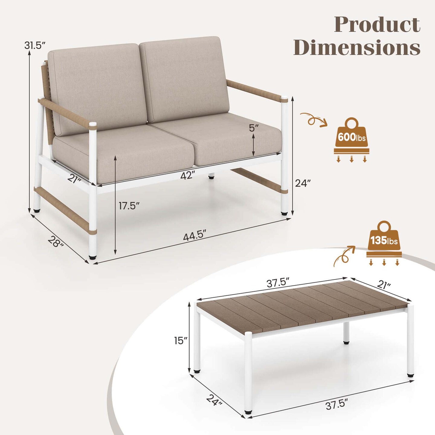 Costway 2 PCS Patio Furniture Set Loveseat Sofa with Coffee Table Thick Cushions