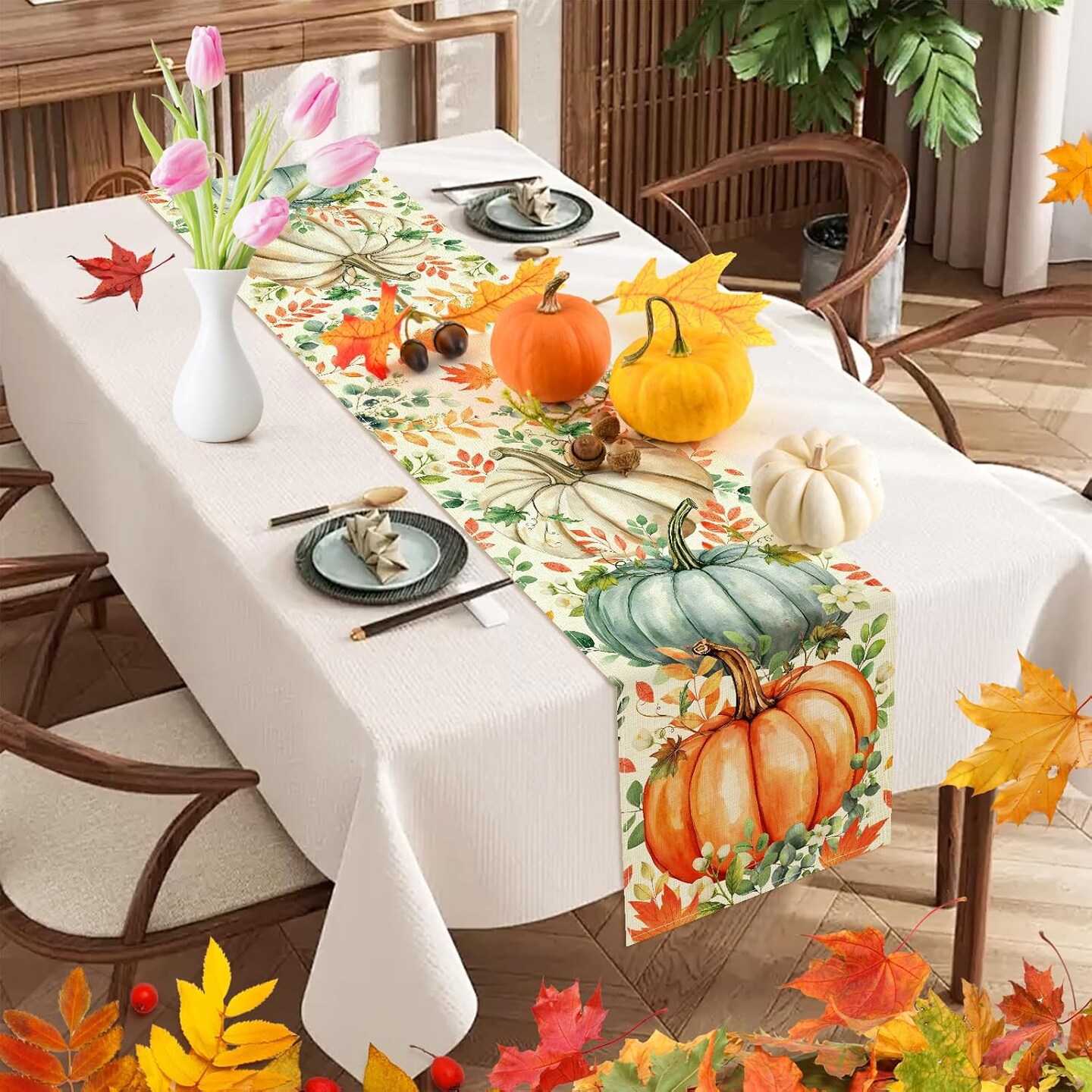 Pumpkin Eucalyptus Leaves Fall Table Runner
