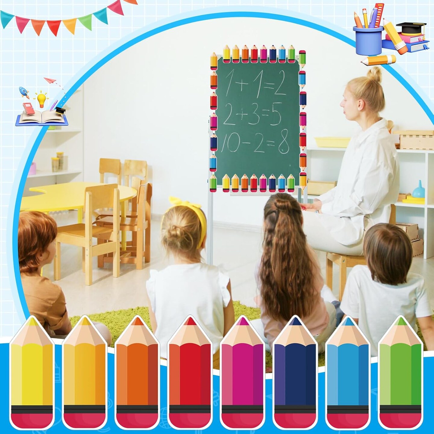 72 PCS Colorful Pencils Cutouts for Classroom Decoration (Orange,vermilion,red,green,yellow,rose Red,navy,blue)