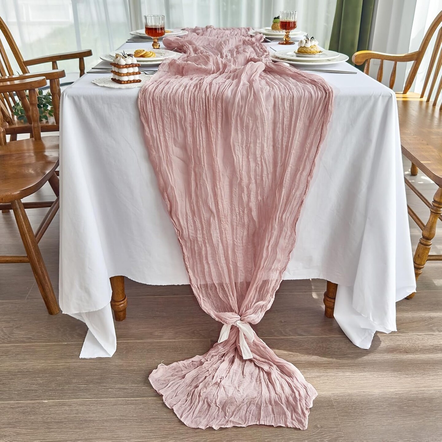 Gradient Cheesecloth Table Runner 120 Inches - Beige & Pink Crinkle Gauze For Weddings & Parties