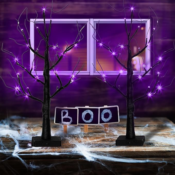Tabletop Halloween Black Tree with Timer for Lighted Halloween Decorations Indoor Home Mantel Holiday Party Light up Halloween Decor (Purple 2 PK)