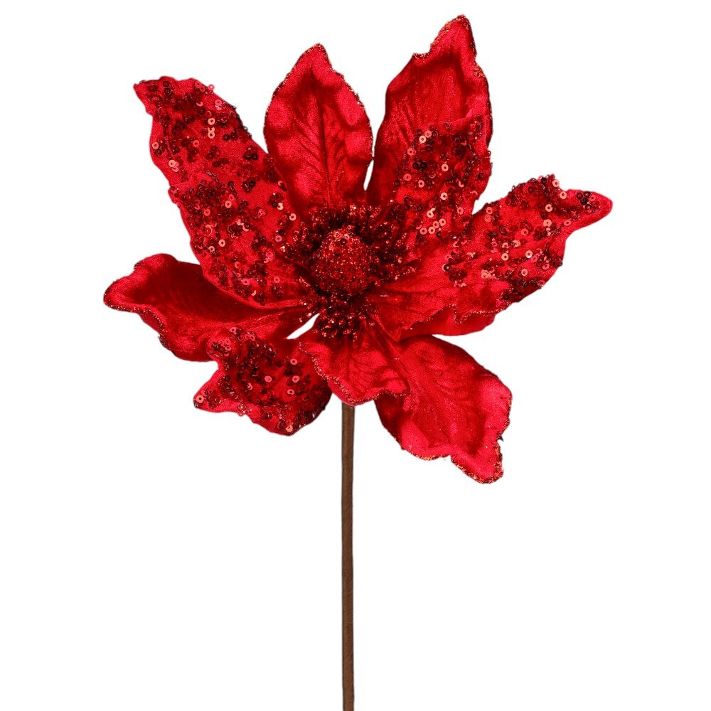 24&#x22; Red Velvet Sheen Sequin Magnolia Stem - Elegant Christmas Floral Decoration