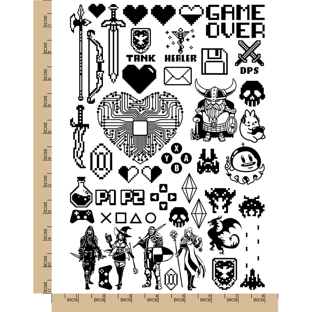 Pixel Retro Video Games Temporary Tattoo Water Resistant Fake Body Art Set Collection