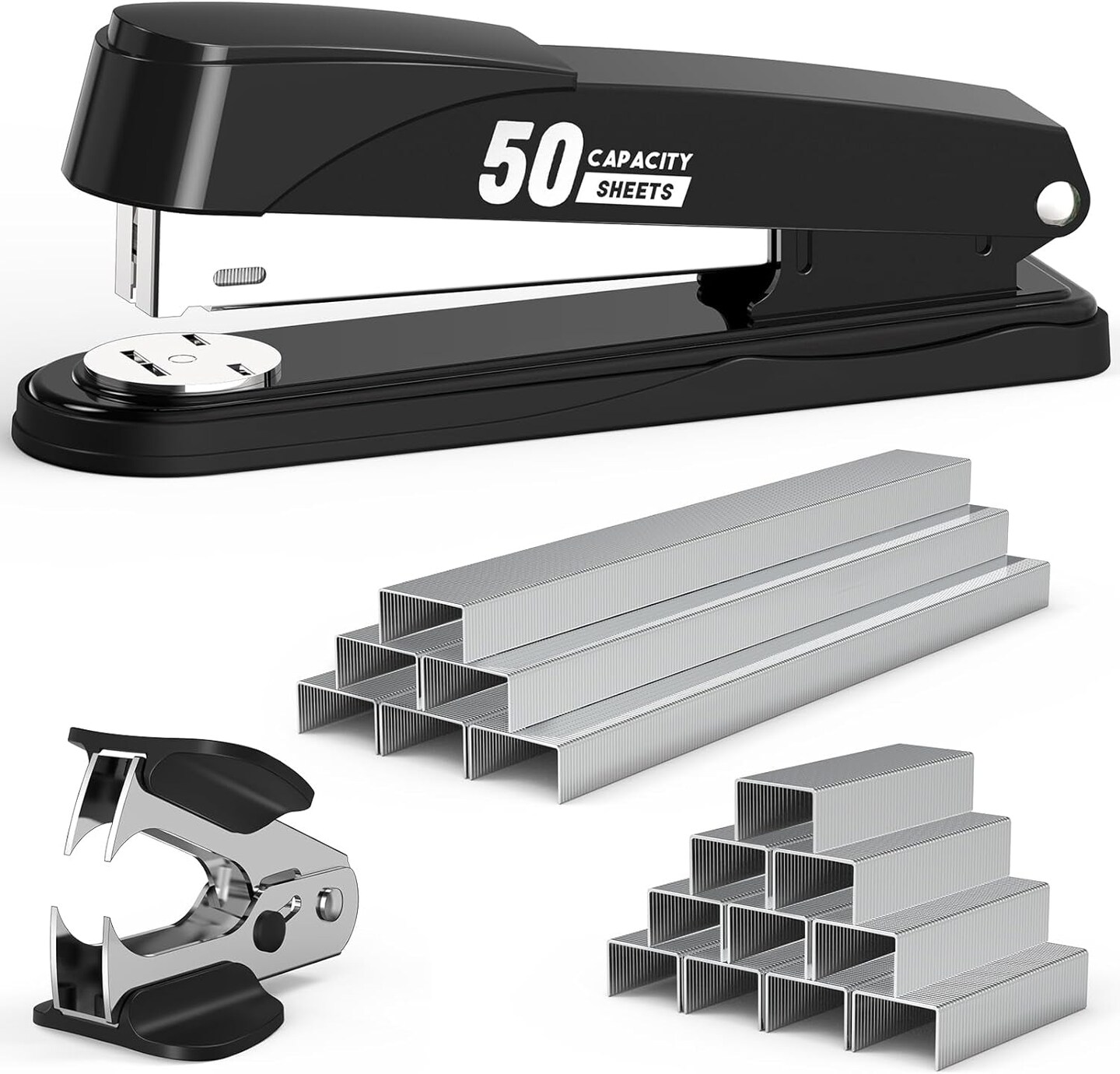 Metal Stapler Heavy Duty 50 Sheet Capacity with 1750 Staples and Staple Remover, Full Strip Staplers for Desk, No Jam, Non-Slip Office Stapler with Staples for Office &#x26; Classroom, Black