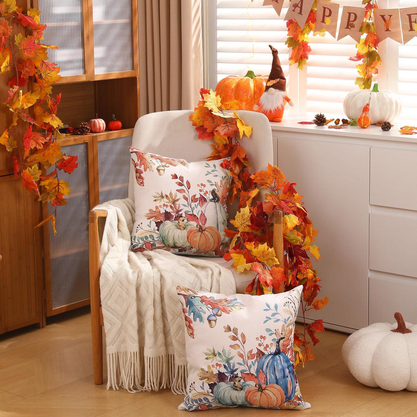 DFXSZ Fall Pillow Covers 18x18 inch Set of 2 Blue and Green Watercolor Pumpkin Fallen Leaves Decorative Throw Pillow Covers Autumn Thanksgiving Farmhouse Decoration for Home Couch TH27-E18