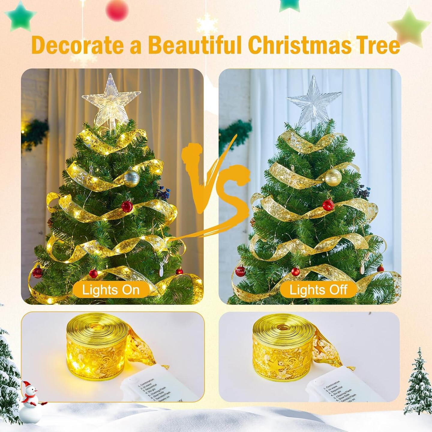 Christmas Tree Ribbon String Lights - 33ft 100 LED Battery Powered Fairy Lights with Timer and 8 Lighting Modes, Christmas Ribbon Bows Lights for 6ft - 8ft Christmas Tree New Year Decor, Gold