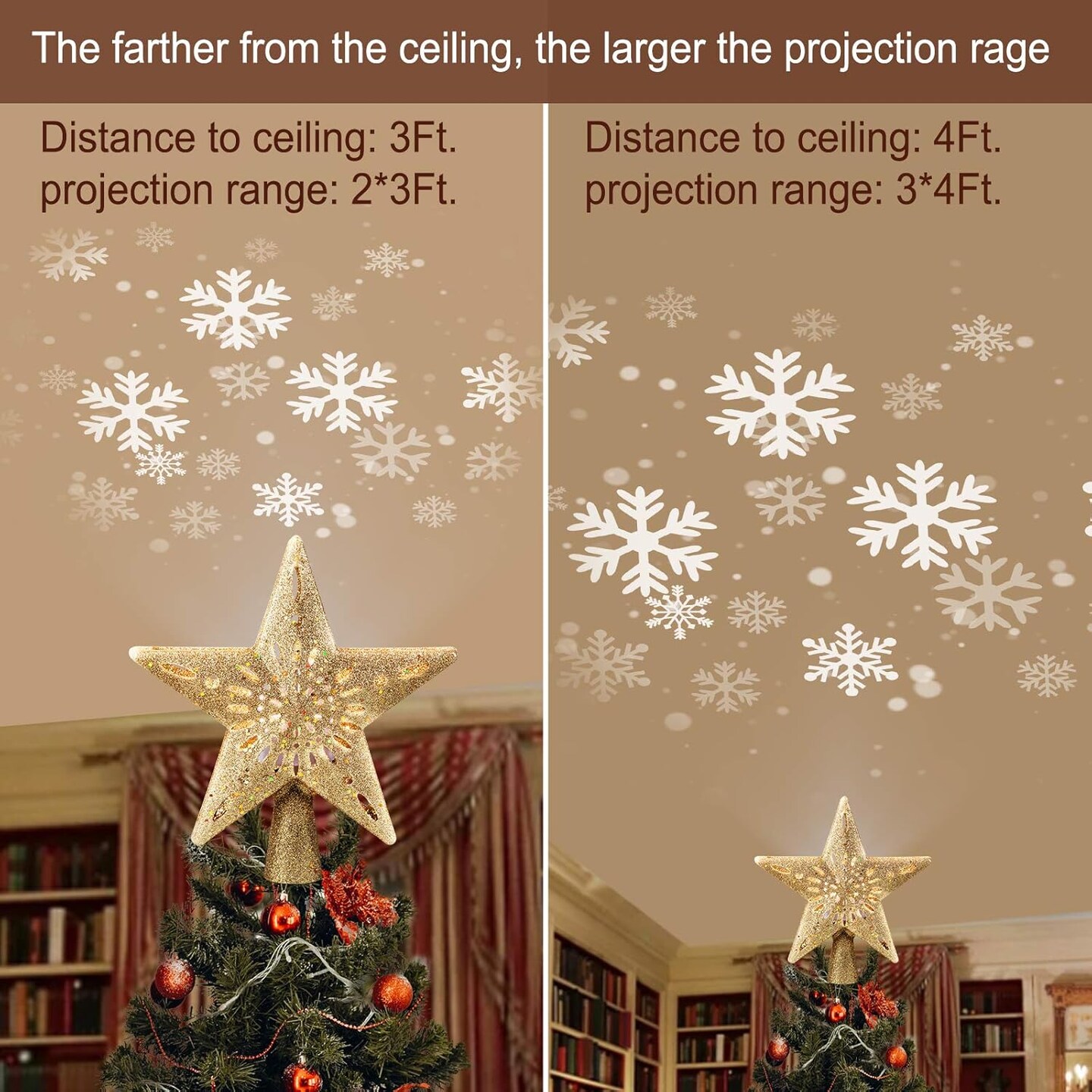 Christmas Star Tree Topper with Built-in Led Snowflake Projector Lights Hollowed Pentagram Tree Topper,Plug in Christmas Tree Ornament for Indoor Office Xmas New Year Holiday Tree Decoration