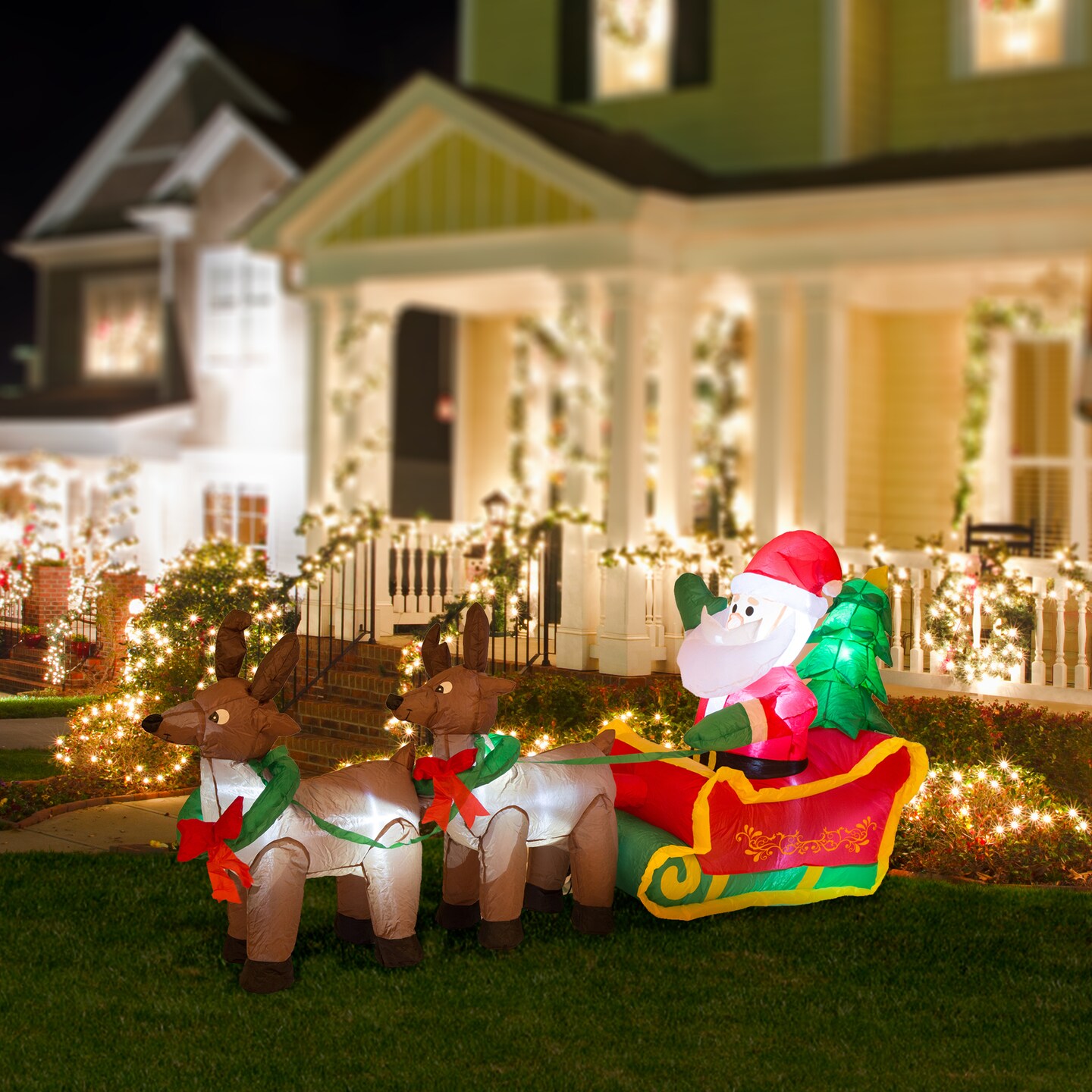 7FT Lighted Inflatable Santa Sleigh Decor