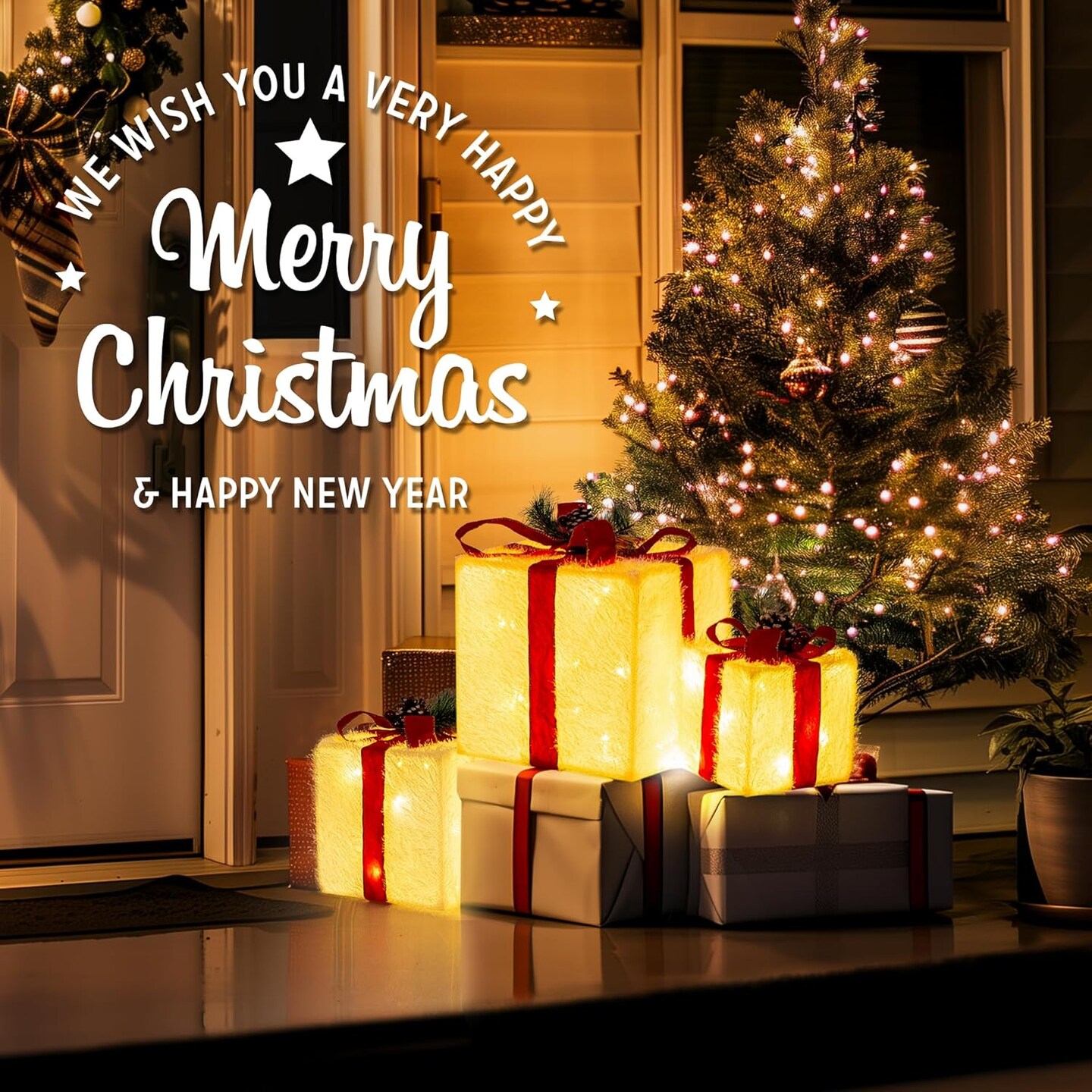 Christmas Lighted Gift Boxes 3 Pack,Pre-lit 60 LED Light Up Present Boxes Christmas Outdoor Decorations for Indoor Porch Patio Yard Tree Holiday Party(Warm White)