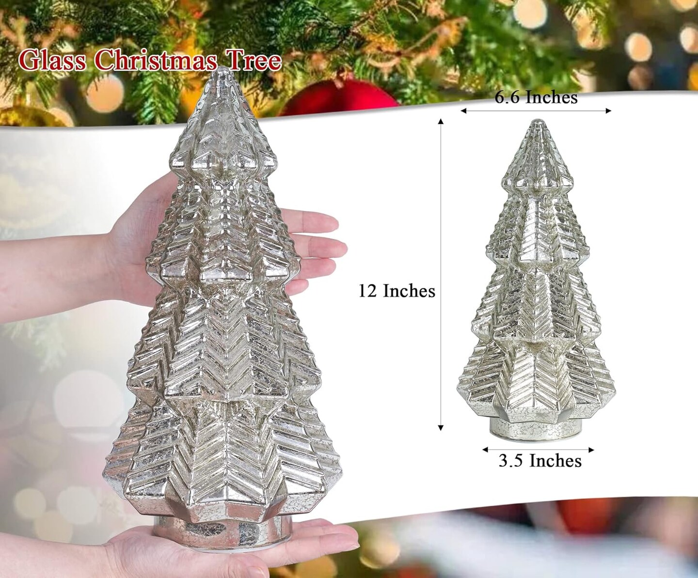 Tabletop Christmas Tree Timer Lighted 12 Inches Silver Mercury Glass Xmas Trees Decorations Table Centerpiece Mantel Window Home Decor