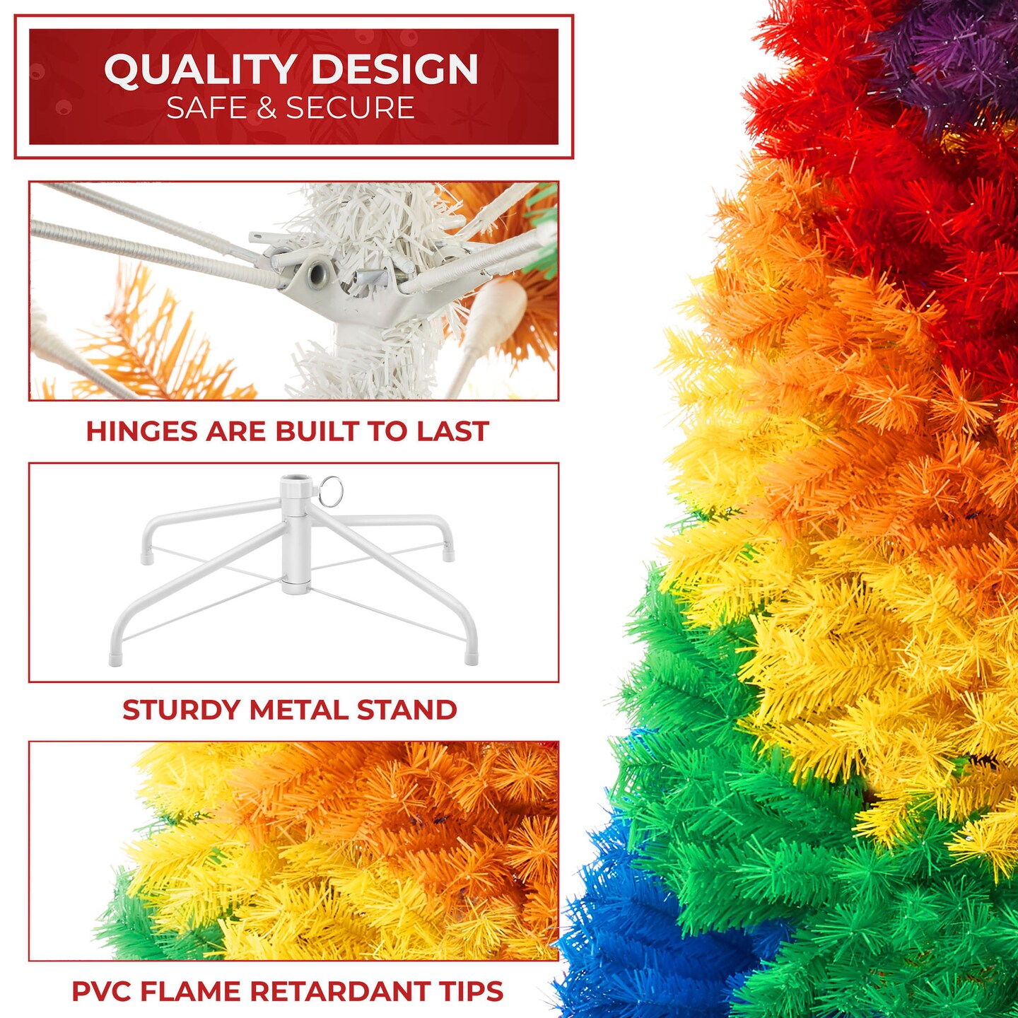 Casafield 7FT Artificial Colorful Rainbow Christmas Tree, Full Fir Holiday Decoration with 1,213 Branch Tips and Sturdy Metal Stand