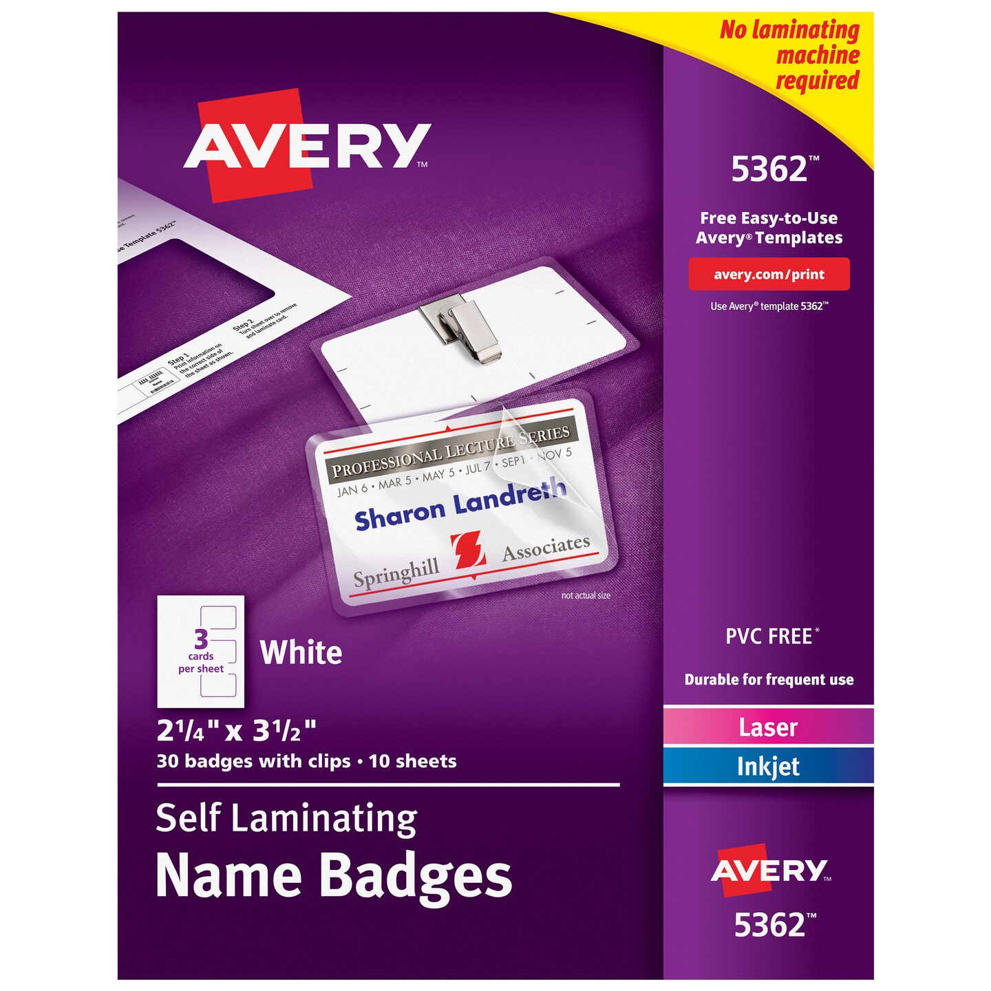 Avery Customizable Self-Laminating Name Badges with Clips, 2.25" x 3.5", White Printable Inserts, 30 Clip Style Laminated Badges (5362)