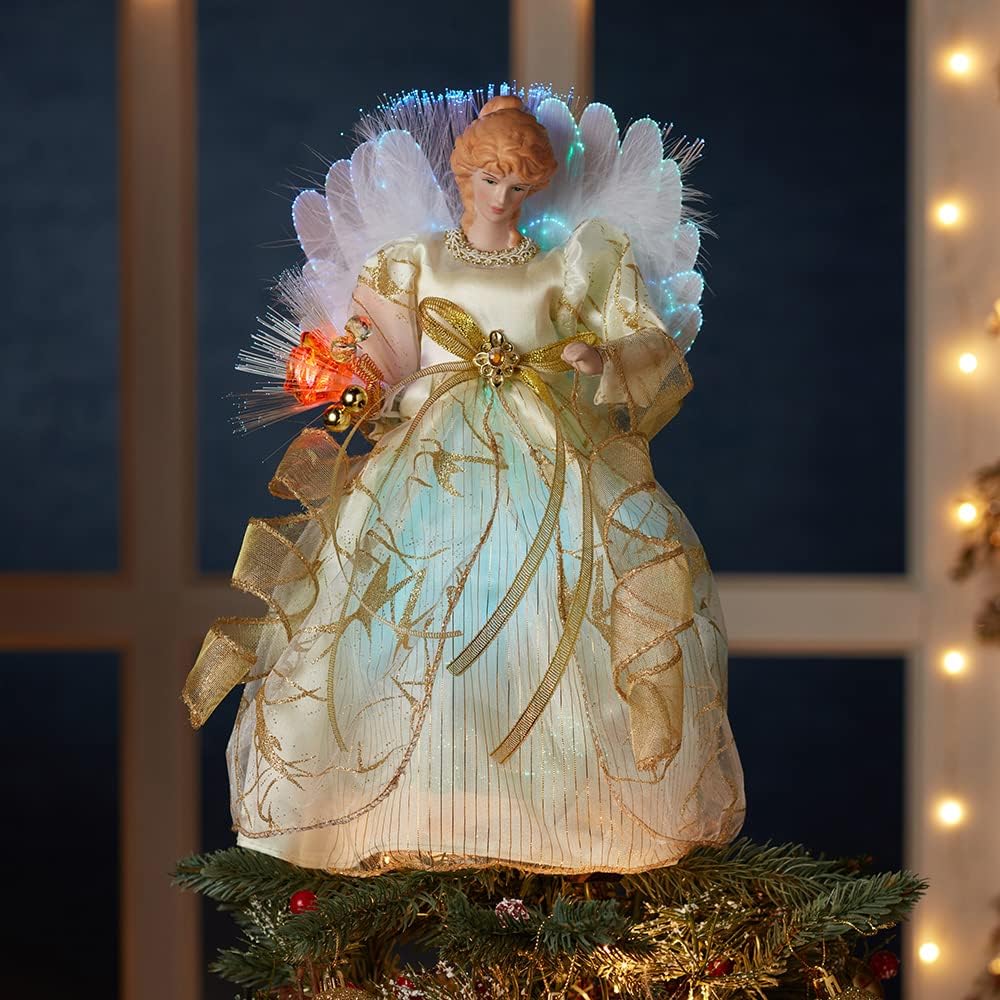 CUL Fiber Optic LED Angel Christmas Treetop Figurine, 12-Inch, Ivory and Gold Tree Topper