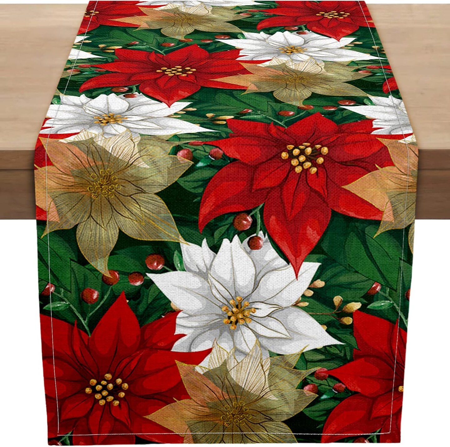 Christmas Poinsettia Table Runner, Xmas Winter Small Burlap Table Runners Seasonal Holiday Burlap Kitchen Dinning