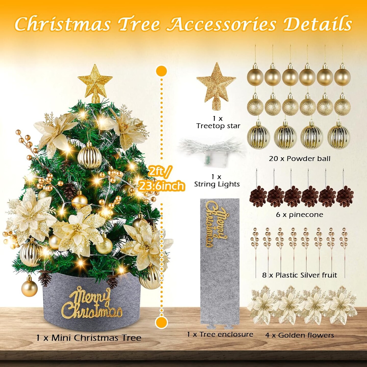 Mini Christmas Tree with Lights: 2ft Small Christmas Tree, Tabletop Artificial Xmas Tree with Star Treetopper, LED String Light &#x26; Hanging Ornaments, for Desk Christmas Decors Home Office Party