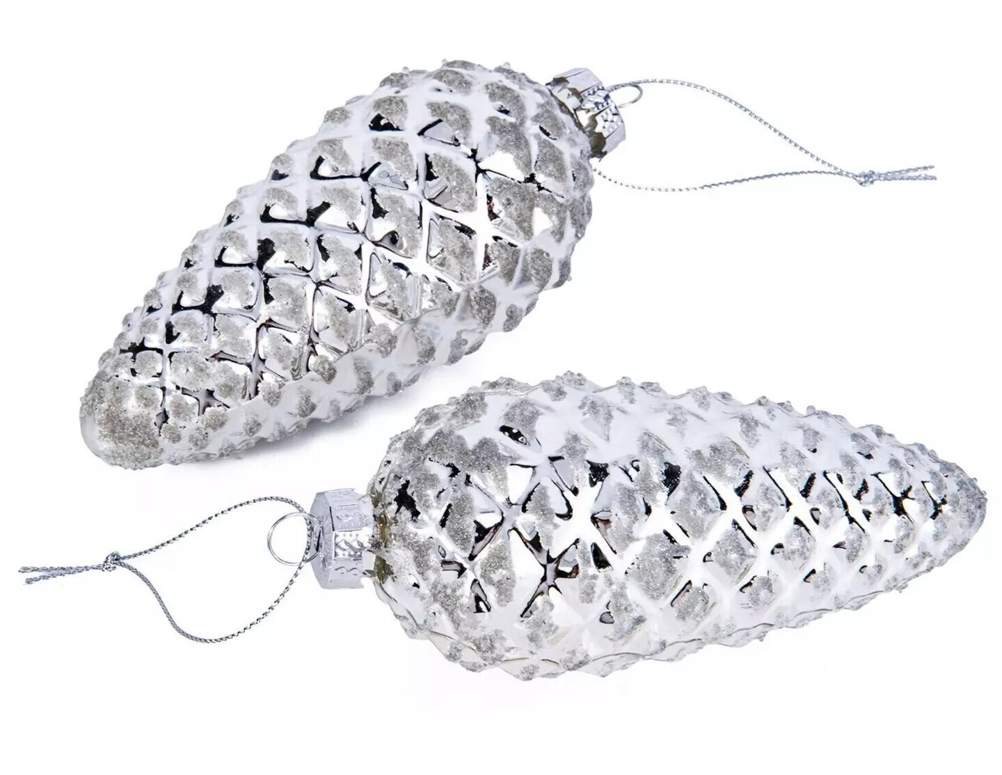 SET OF 2 Silver Pinecones Ornaments, Glass Ornaments, Christmas Pine Cones 5.3&#x22;