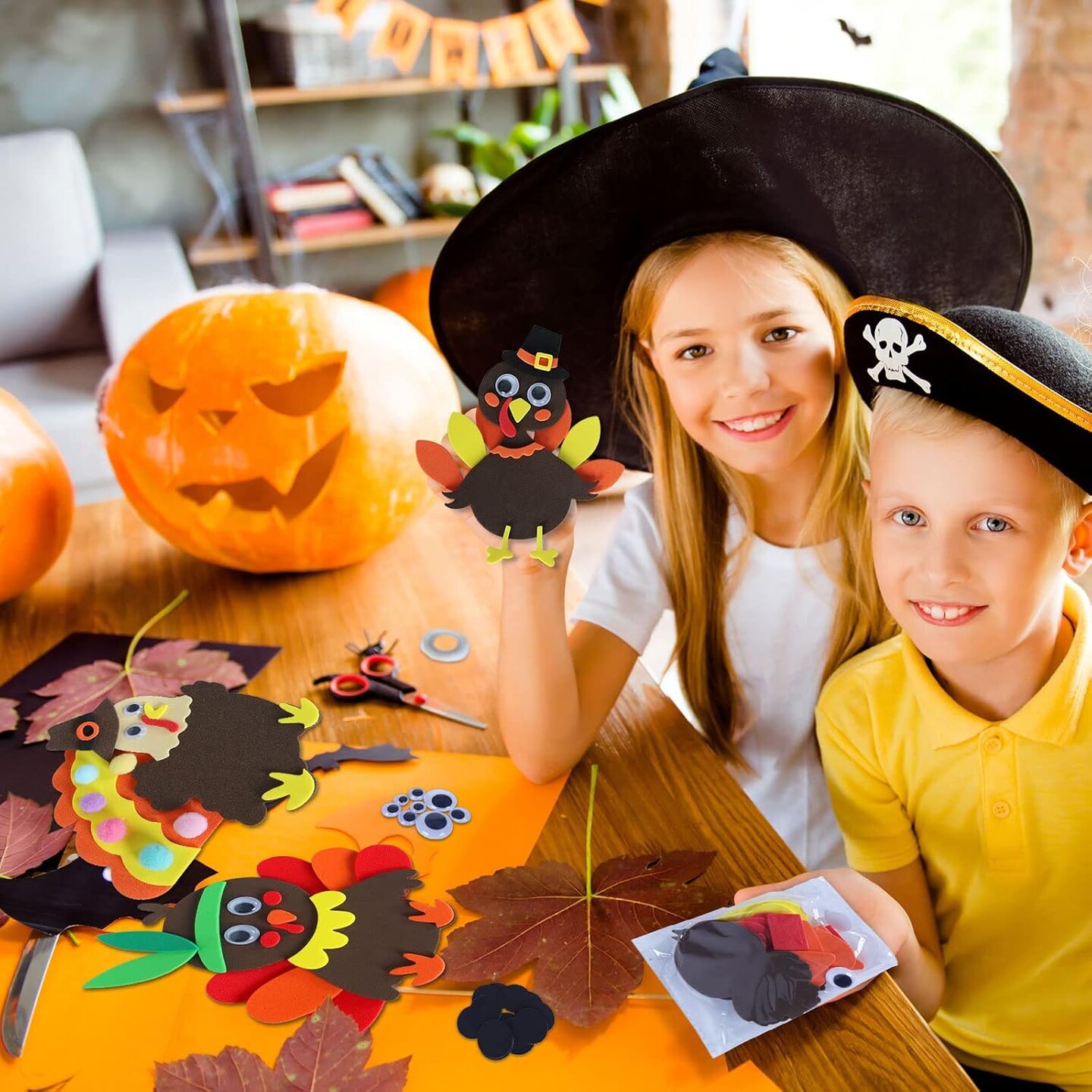 8Pcs Fall Thanksgiving Foam Turkey Magnet Craft Kit Autumn Refrigerator Magnets with Colorful Pompoms for Kids Adults DIY Craft Home Party Decorations