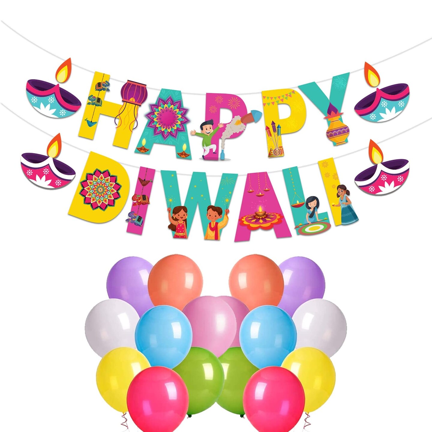Happy Diwali Banner Bunting Diy Hanging Decorations Festival of Light Deepawali Diya Wall Hanging Decor for Home - Party Supplies Indian Themed Party Backdrop Decoration