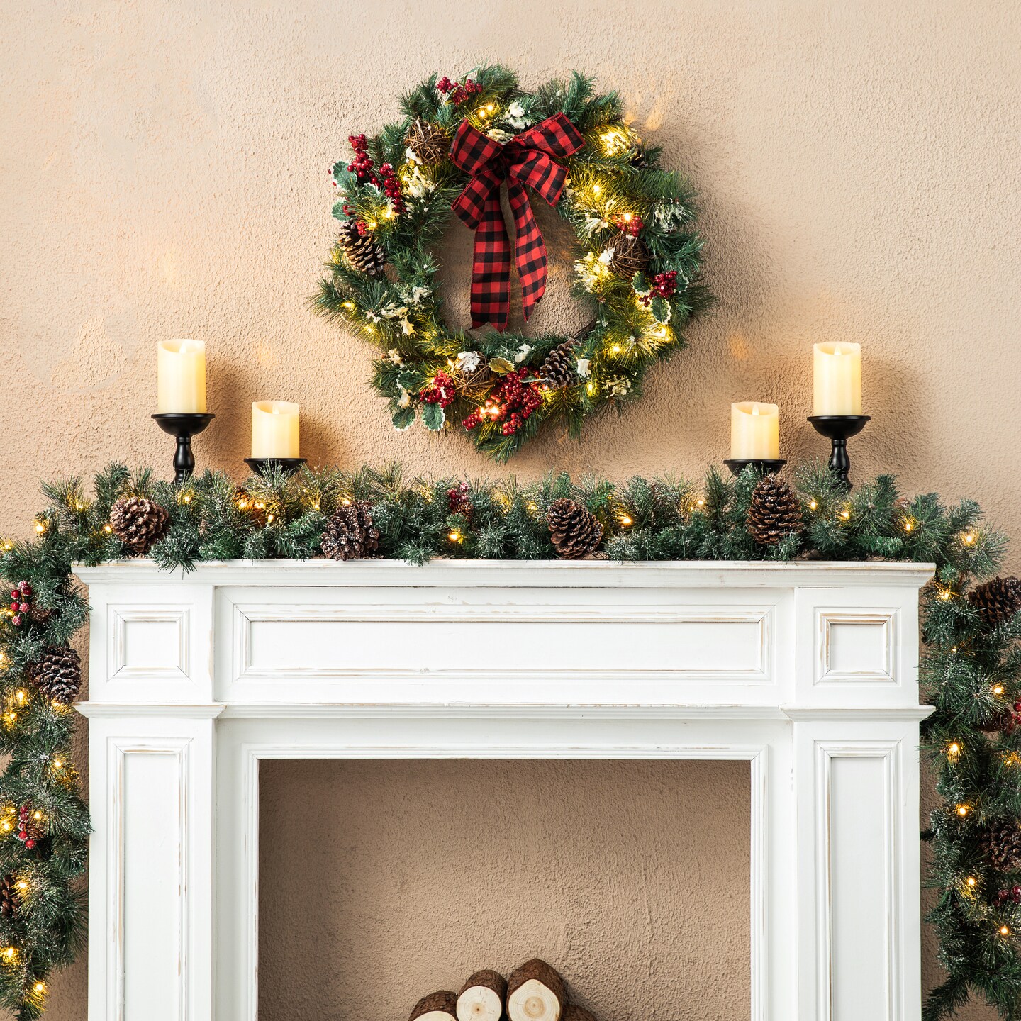 Set of 2 6ft Pre-Lit Christmas Garland with Warm Light LED Lights, Three Function
