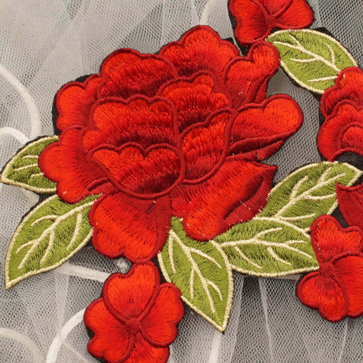 7.25" x 6" Red Iron-On Embroidered Rose Patch Applique Pack of 12
