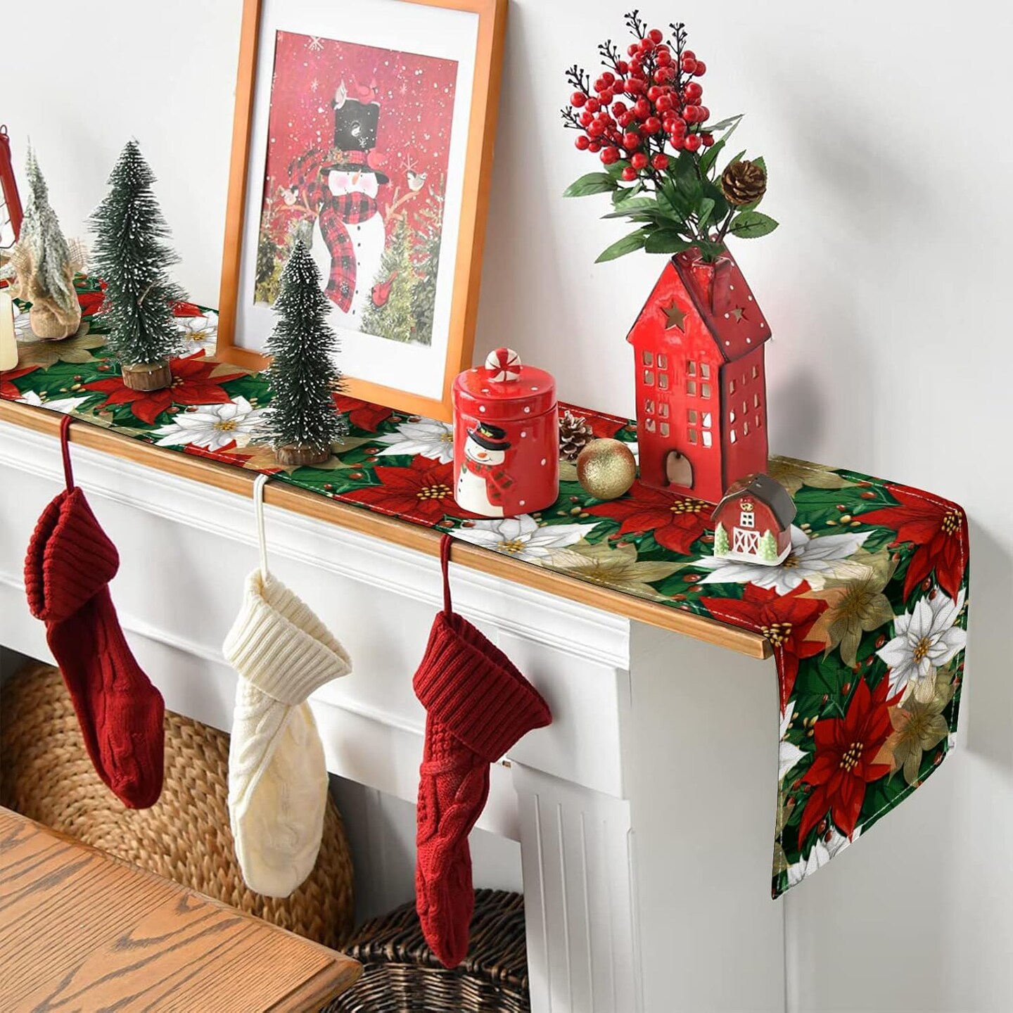 Christmas Poinsettia Table Runner, Xmas Winter Small Burlap Table Runners Seasonal Holiday Burlap Kitchen Dinning