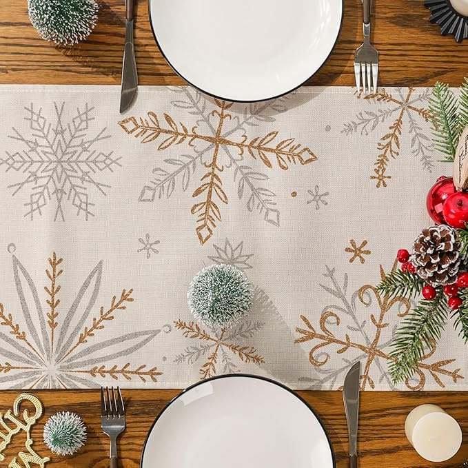 Snowflake Decorations Christmas Runner for Table Seasonal Chriatmas Winter Holiday Decor for Indoor Outdoor Dining Table Decorations (13&#x22; x 72&#x22;)
